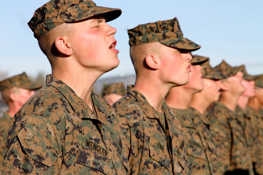 The men of Co. B proudly sing the Marines Hymn for the first time bearing their new title. The Marines Hymn dates to the beginning of the Marine Corps.