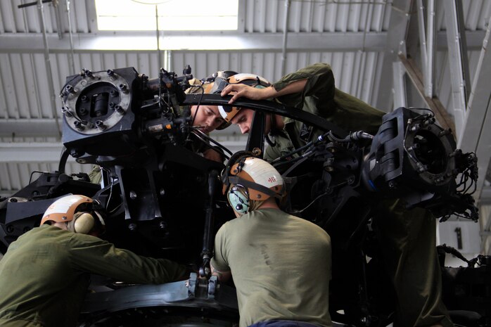 Marine helicopter mechanics with Marine Heavy Helicopter Squadron 363 inspect CH-53D Sea Stallion components here Jan. 12 as the squadron gears up for Lava Viper 2011. Lava Viper is a pre-Afghanistan deployment exercise implemented to establish unit cohesion and squadron readiness in a forward deployed environment.