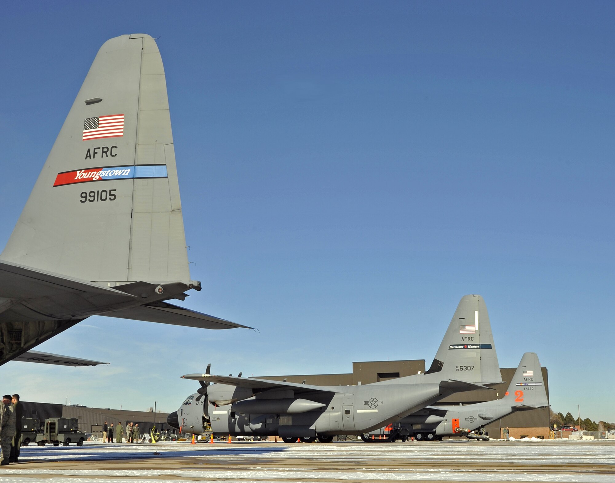 Citizen Airmen and aircraft from three Air Force Reserve Command special mission units convened for the first-ever AFRC C-130 Special Mission Conference at Peterson Air Force Base, Colo. Jan. 12-13.  Among the participants were Reservists from the 403rd Wing and the 53rd Weather Reconnaissance Squadron "Hurricane Hunters."  The Hurricane Hunters provide command and staff supervision in support of weather reconnaissance and are the only Department of Defense unit tasked to organize, equip, train and perform all hurricane weather reconnaissance in support of the Department of Commerce. The 403rd Wing is responsible for coordination, collecting and communicating critical weather data to the National Hurricane Center during flights into hurricanes and tropical storms.  (U.S. Air Force Photo by Capt. Heather Garrett)

