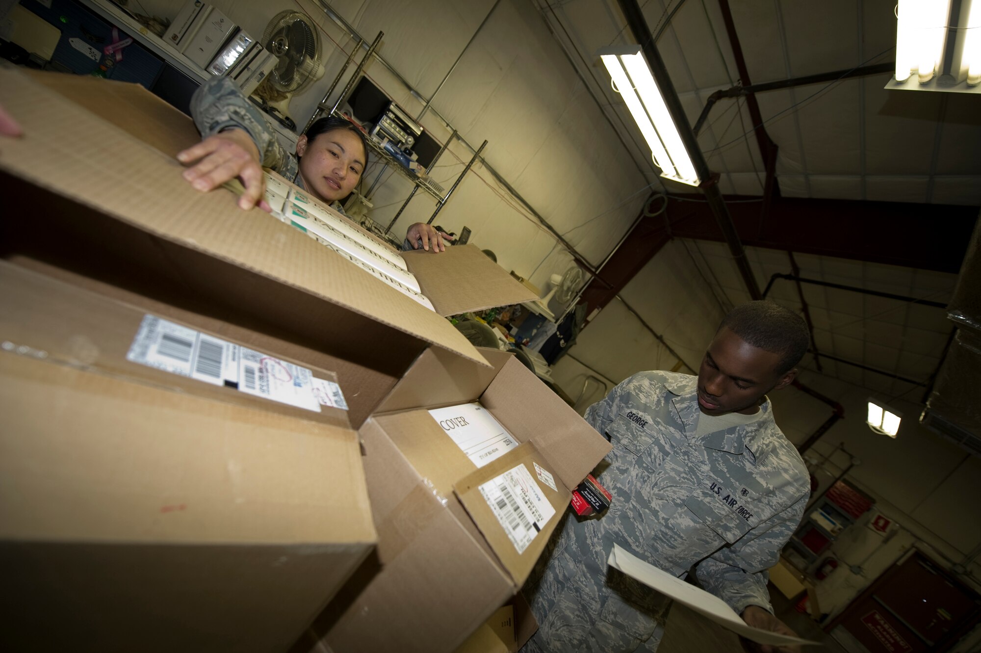 HOLLOMAN AIR FORCE BASE, N.M. -- Staff Sgt. Zsa Zsa Corpus and Airman 1st Class Lagarret George, 49th Medical Support Squadron, receive medical inventory Jan. 13, 2011. Sergeant Corpus and Airman George are members of the Medical Logistics section, which recently received Air Combat Command's Outstanding Medical Logistics Small Activity Account award for 2010. (U.S. Air Force photo by Airman 1st Class Joshua Turner/Released)