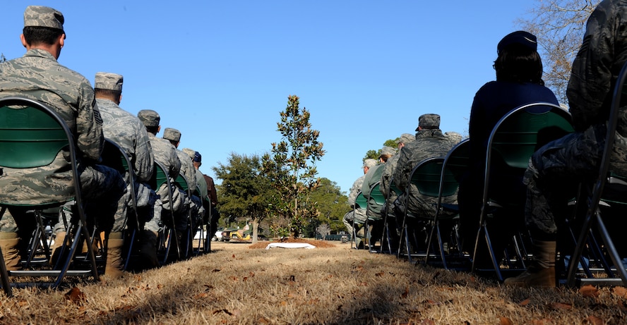 MOODY AIR FORCE BASE, Ga.-- Members of the 23rd Communications Squadron and other members from around Moody came to attend the tree dedication ceremony in honor of Karson Thomas Martin, son of Airman 1st Class Simon Martin and wife Valerie, Jan. 14. The 23rd CS chose a magnolia tree for the dedication because the Martin family is originally from Mississippi and the state flower is the magnolia. (U.S. Air Force photo/Airman 1st Class Benjamin Wiseman)(RELEASED)