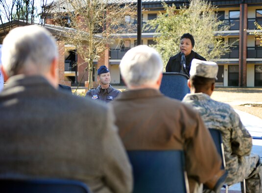 MOODY AIR FORCE BASE, Ga. -- Balinda Morrow, 2M Design Consultants, Inc. company president, gives a speech about the Leadership in Energy and Environment Design Gold certificate awarded to the Moody dormitories Jan. 14. To earn a LEED certification, a project must meet all prerequisites and earn a specified number of LEED credits. (U.S. Air Force photo/Airman 1st Class Douglas Ellis)(RELEASED)
