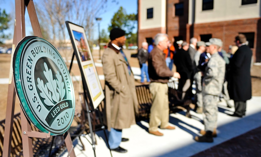 MOODY AIR FORCE BASE, Ga. -- The Leadership in Energy and Environment Design Gold certificate sits as members of the audience begin to take their seats Jan. 14. The award was based on a LEED rating system that promotes and recognizes the design, construction and operation of environmentally sustainable buildings. (U.S. Air Force photo/Airman 1st Class Douglas Ellis)(RELEASED)
