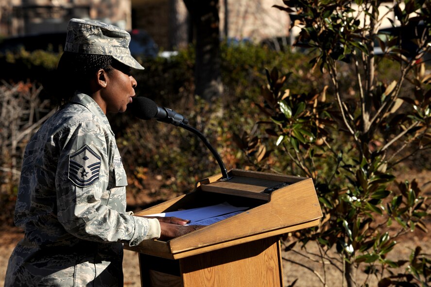MOODY AIR FORCE BASE, Ga.-- Master Sgt. Toni Pryor, 23rd Communications Squadron first sergeant, narrates a tree dedication ceremony Jan. 14. A magnolia tree was planted outside one of the 23rd CS buildings in honor of Karson Thomas Martin, son of Airman 1st Class Simon Martin and wife, Valerie. (U.S. Air Force photo/Airman 1st Class Benjamin Wiseman)(RELEASED)