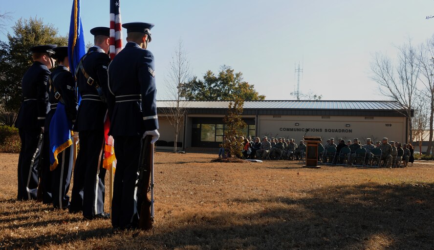 MOODY AIR FORCE BASE, Ga.-- The Moody Air Force Base Honor Guard prepares to post the colors during a tree dedication ceremony for Karson Thomas Martin, son of Airman 1st Class Simon Martin and wife, Valerie, Jan. 14. The 23rd Communications Squadron dedicated a tree in Karson’s honor after he passed away in May 2010. (U.S. Air Force photo/Airman 1st Class Benjamin Wiseman)(RELEASED)