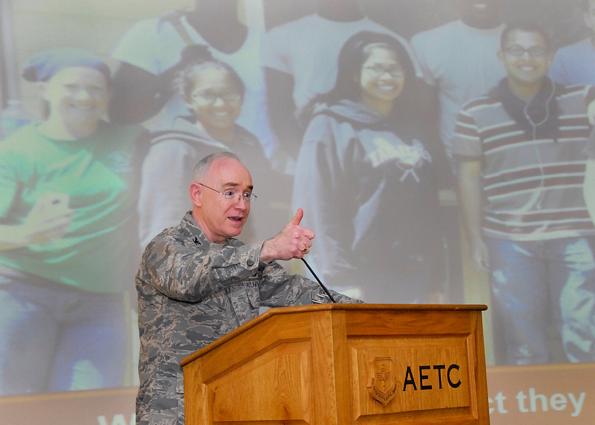 Chaplain Col. Bobby Page, Air Education and Training Command chaplain, gives a speech at the re-opening and dedication of the renovated Solid Rock Café Jan. 12 at Sheppard Air Force base, Texas. The $4.2 million project now features new furniture, more gaming systems, faster fiber-optic WiFi and high definition cable system, a new dedicated prayer and meditation room. (U.S. Air Force photo/Harry Tonemah)