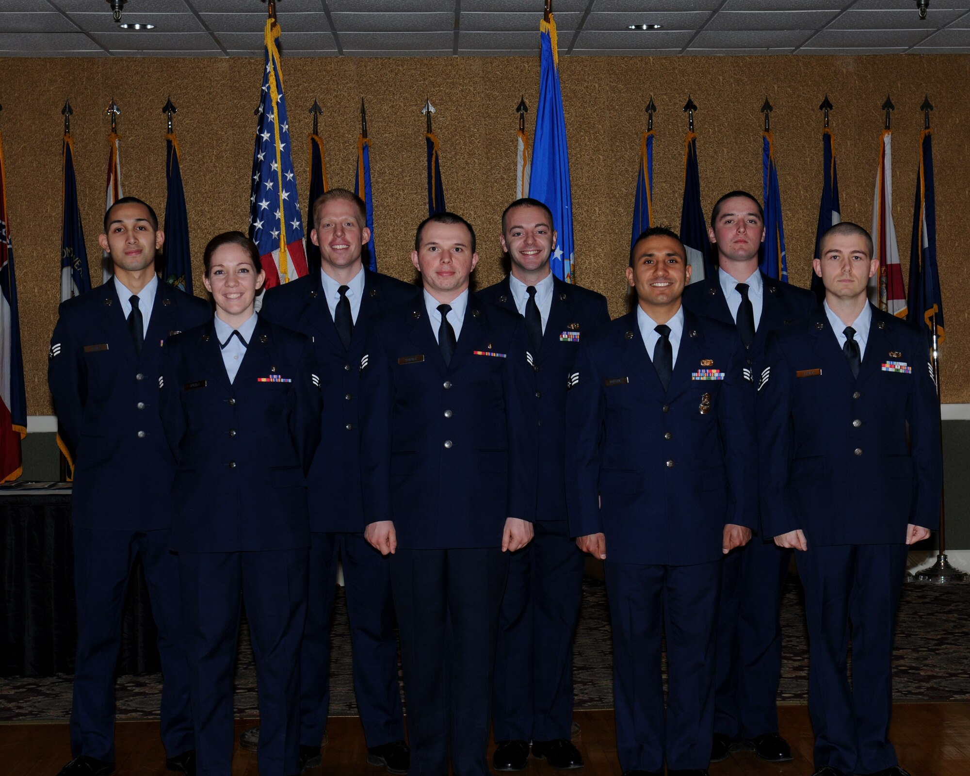 Congratulations to Team BLAZE’s newest enlisted promotees: (front) Senior Airman Michaela Spiegle, 14th Medical Operations Squadron; Senior Airman Matthew Spiegle, 14th MDOS; Senior Airman Rupert Martinez, 14th Security Forces Squadron; Staff Sgt. Richard Leslie, 14th SFS; (back) Senior Airman Willie Lopez, 14th Communications Squadron; Senior Airman Tyler West, 14th Operations Support Squadron; Senior Airman Anthony Cambisi, 14th Communications Squadron; and Airman Michael Worth, 14th Contracting Squadron. (U.S. Air Force photo/Melissa Doublin).  