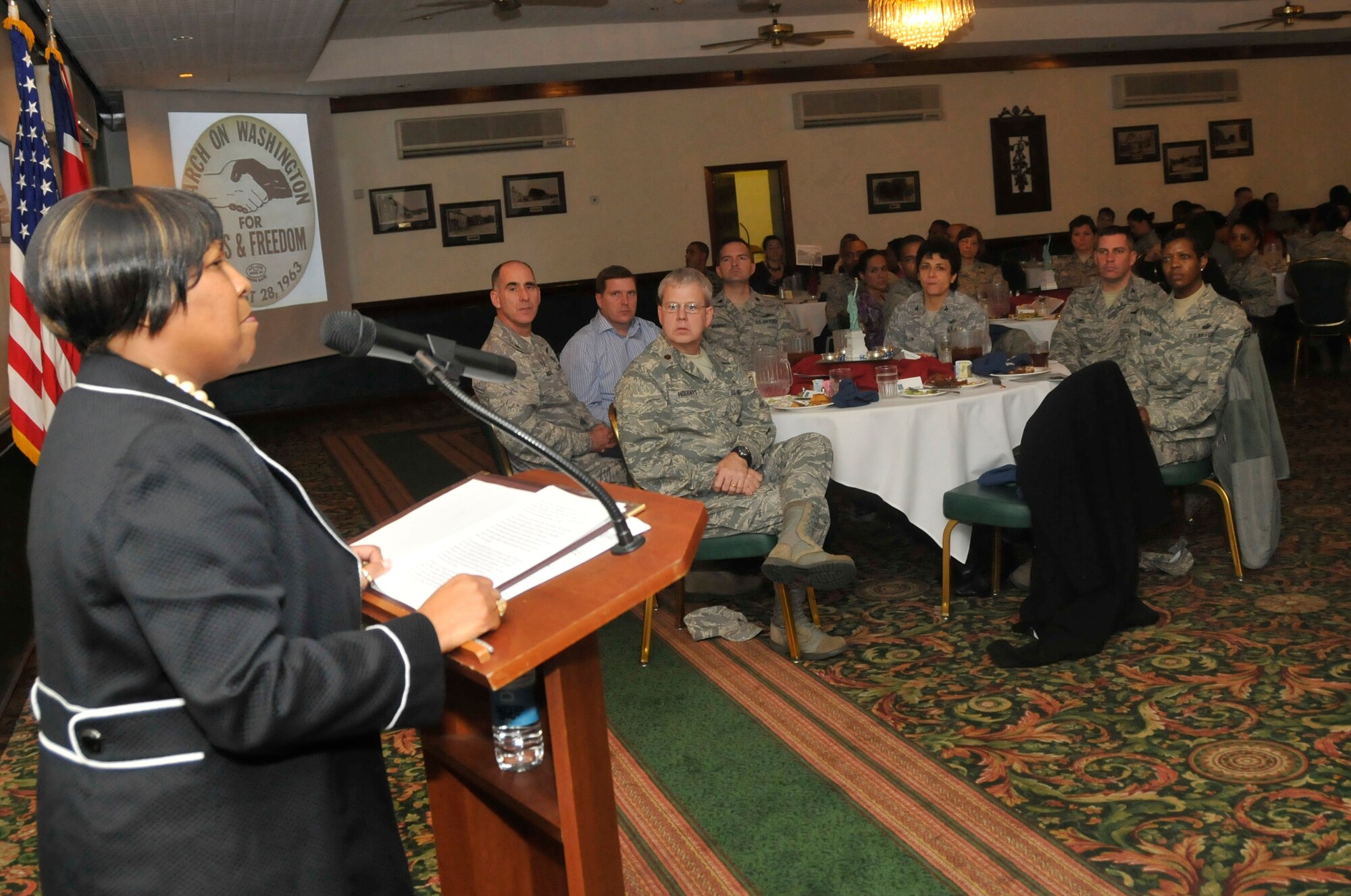 ROYAL AIR FORCE LAKENHEATH, England-- Dr. Lucille Sutherland, RAF Lakenheath Elementary School assistant principal, speaks at the Martin Luther King Luncheon at Eagles Landing on Jan. 13. (U.S. Air Force photo/Airman 1st Class Eboni Reams) (U.S. Air Force photo by Airman 1st Class Eboni Knox)