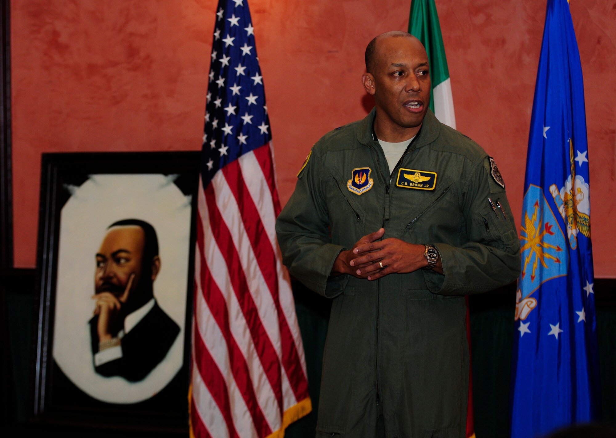 Brig. Gen. C.Q. Brown Jr., 31st Fighter Wing commander, gives closing remarks during a luncheon dedicated to Martin Luther King Jr. Jan. 13 at La Bella Vista Club. Martin Luther King Jr. Day is a federal holiday held annually on the third Monday of January to commemorate the clergyman’s achievements during the Civil Rights Movement in the 1950s and 1960s. (U.S. Air Force photo by Airman 1st Class Katherine Windish)