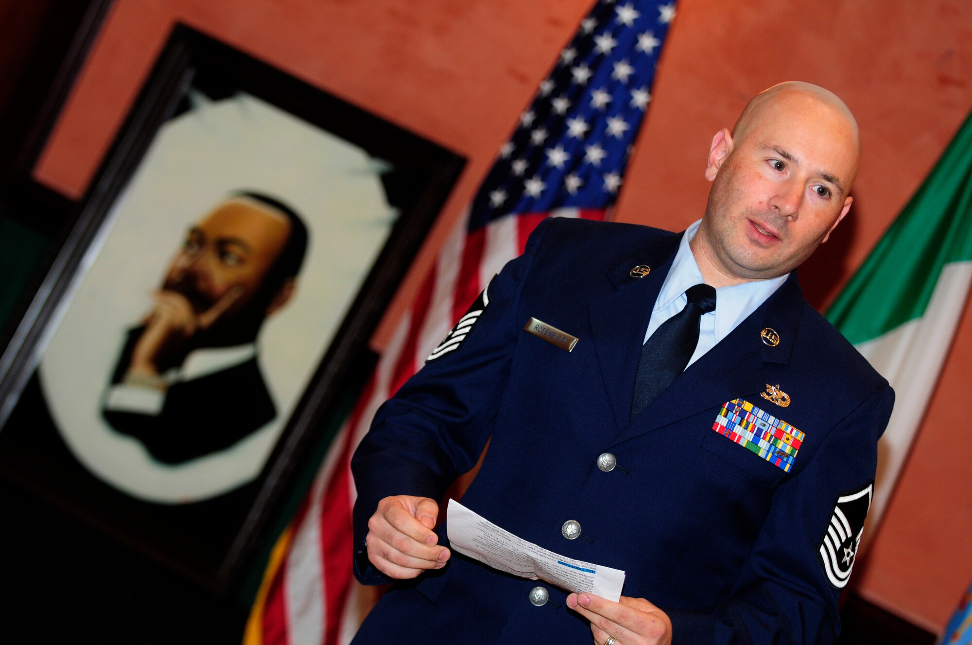 Master Sgt. Mark Rosenblum, 31st Maintenance Group readiness cell NCO in charge, recites words from a Martin Luther King Jr. speech during a luncheon Jan. 13 at La Bella Vista Club. Martin Luther King Jr. Day is a federal holiday held annually on the third Monday of January to commemorate the 1964 Nobel Peace Prize recipient’s achievements during the Civil Rights Movement in the 1950’s and 1960s. (U.S. Air Force photo by Airman 1st Class Katherine Windish)