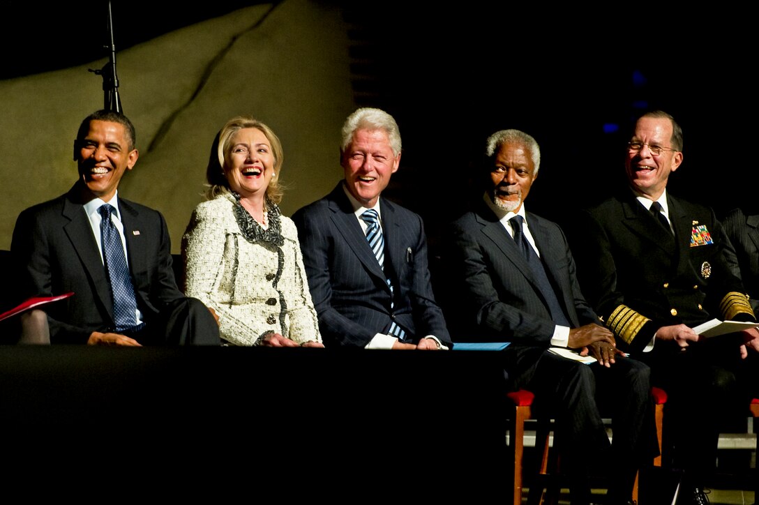 President Barack Obama, Secretary of State Hillary Clinton, former President Bill Clinton, former U.N. Secretary General Kofi Annan and Navy Adm. Mike Mullen, chairman of the Joint Chiefs of Staff, share a laugh during the memorial service for Ambassador Richard C. Holbrooke at the John F. Kennedy Center for Performing Arts in Washington, D.C., Jan. 14, 2011.
