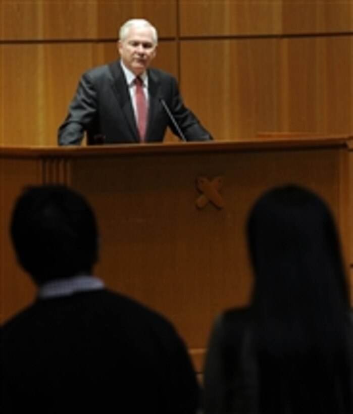 Secretary of Defense Robert M. Gates listens to a student's question after giving a speech on U.S.-Japan alliance at Keio University in Tokyo, Japan, on Jan. 14, 2011.  