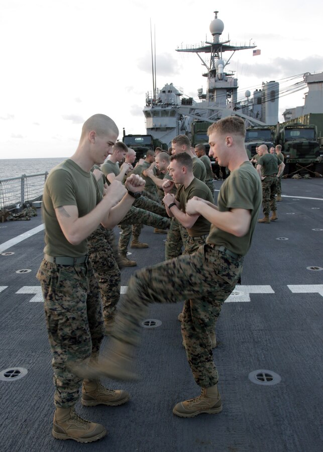Marines attached to Security Cooperation Task Force (SCTF) conduct Marine Corps Martial Arts Program exercises on board Whidbey Island-class amphibious dock-landing ship USS Gunston Hall (LSD 44). Gunston Hall is on a scheduled deployment to the U.S. Fourth Fleet AOR supporting Amphibious Southern Partnership Station 2011 (A-SPS 11). A-SPS 11 is structured to improve partner nation capabilities, interoperability and civil-military operations  through joint, multinational and interagency exchanges and cooperation.