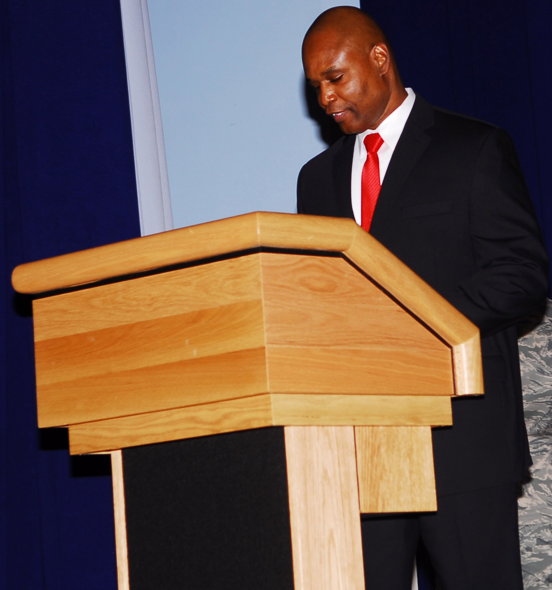 YOKOTA AIR BASE, Japan -- Louis Vance, chief of education of the 374th Force Support Squadron, gives a speech on the importance of Martin Luther King Jr. Day and the many accomplishments Dr. King made during a celebration at the Taiyo Community Center Jan. 13. Each year on the third Monday of Jan., schools, federal offices, post offices and banks across America close as we celebrate the birth, the life and the reign of Dr. Martin Luther King Jr.(U.S. Air Force photo/Airman 1st Class Lynsie Nichols)