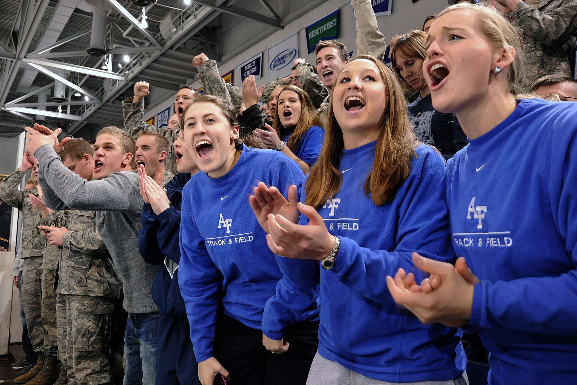 Air Force Academy cadets cheer for their Falcons hockey team during a match against Army at the Cadet Ice Arena Jan. 15, 2011. The crowd of 3,019 was the second-largest of Air Force's season. Air Force and Army split the series, with the Falcons winning, 5-1, Jan. 14 and losing, 5-4, Jan. 15. (U.S. Air Force photo/Mike Kaplan)