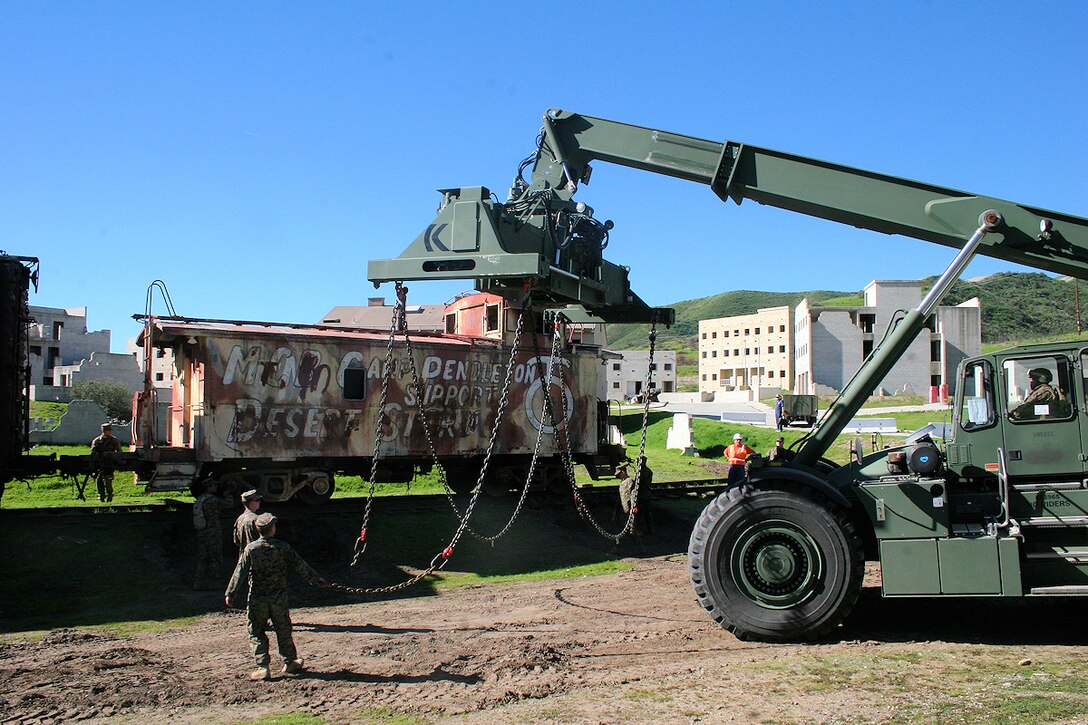 On Jan. 17, 7th Engineer Support Battalion used the move of the “Camp Pendleton Caboose” from Range 131 to the new location as a training exercise. Now that it has reached its final destination, volunteers along with the museum’s staff, plan to refurbish the caboose back to its famous camouflage-paintjob that was recognized on base during parades and events in support of operations Desert Shield and Desert Storm. The “Camp Pendleton Caboose” can be viewed at the Mechanized Museum located near the Ranch House on the corner of Rattlesnake Road and Vandegrift Boulevard.