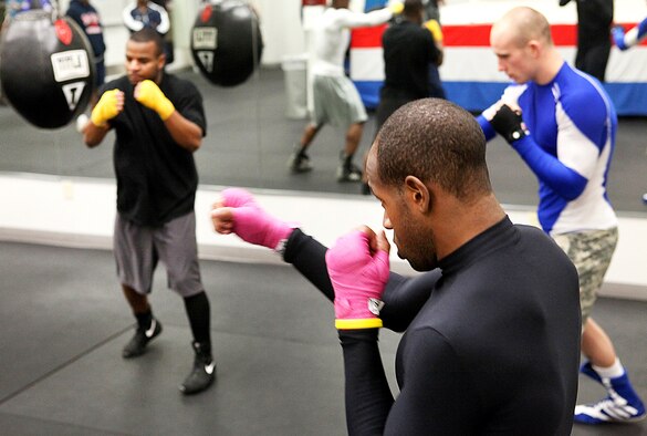 Air Force camp boxers work out Jan. 10, 2011, at the boxing gym at Lackland Air Force Base, Texas. Camp began Jan. 8, and continues until the Air Force tournament, the Box-offs, Jan. 22. (U.S. Air Force photo/Robbin Cresswell)
