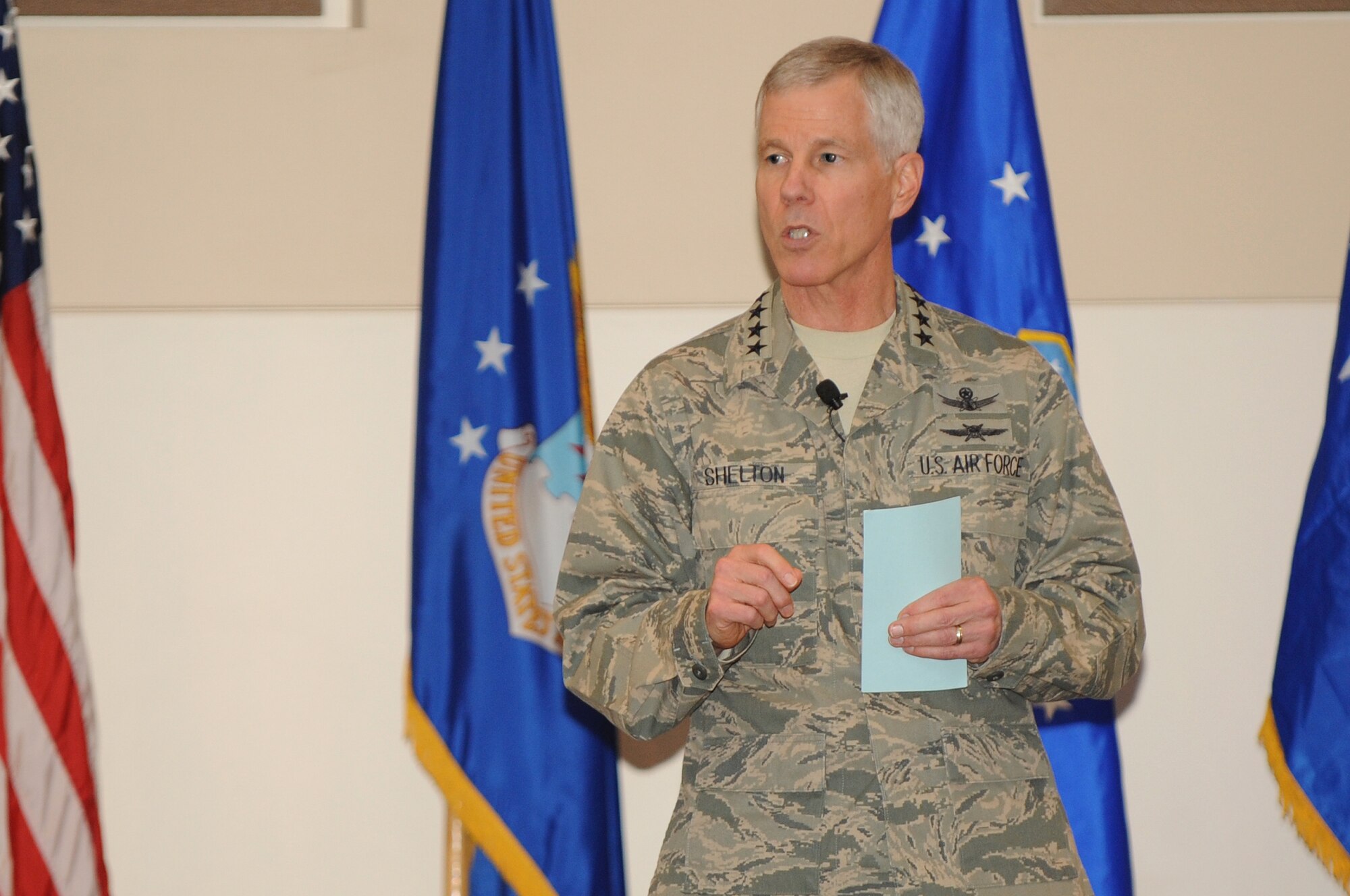 BUCKLEY AIR FORCE BASE, Colo.--  Air Force Space Command Commander, Gen. William Shelton speaks to Team Buckley Jan. 18, 2011. Gen. Shelton held a mandatory Commanders call to speak and get feedback from team Buckley. (U.S. Air Force photo by Airman Manisha Vasquez) 