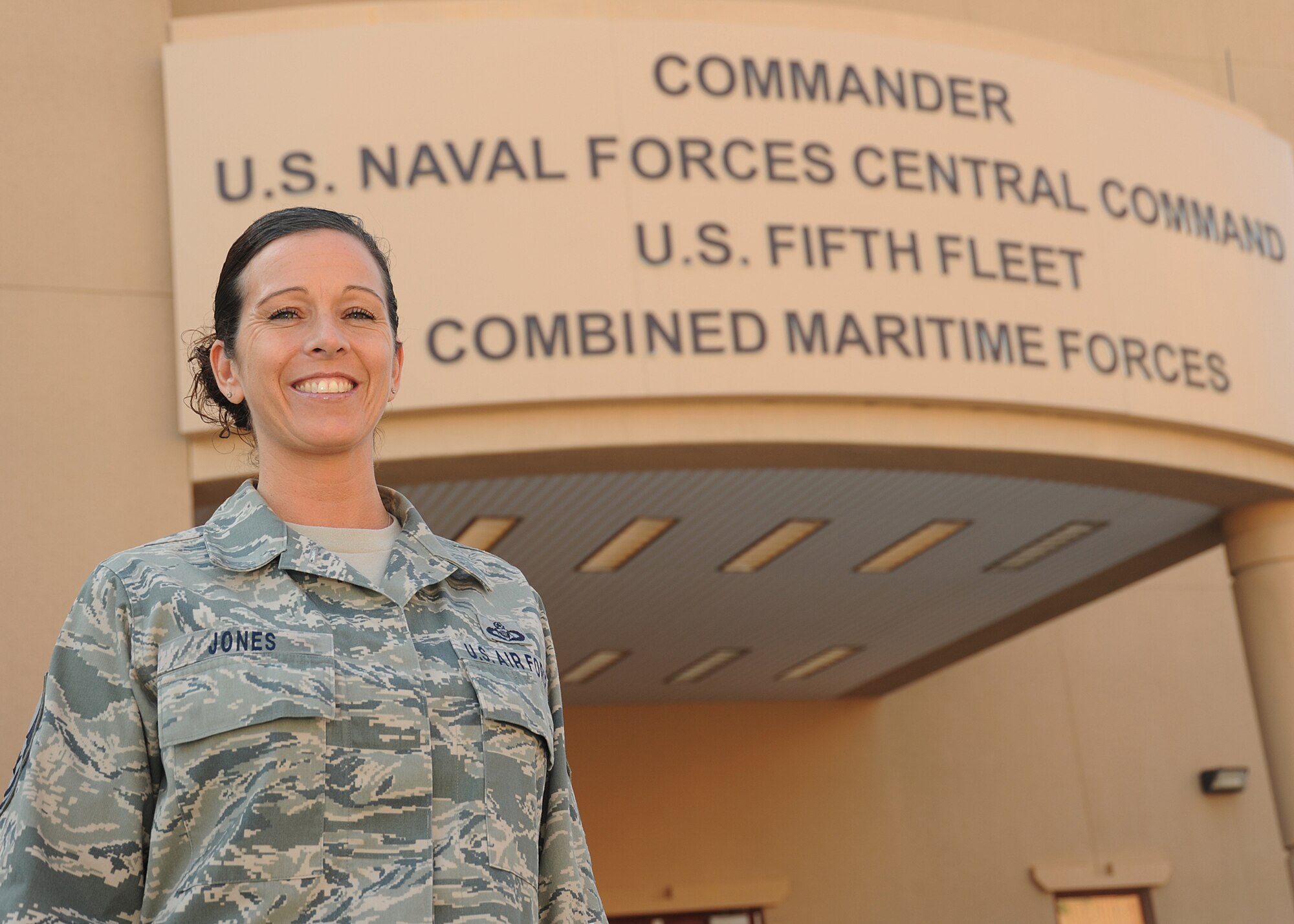 Sergeant Jones stands ‘on deck’ outside the Office of Defense Representatives-Pakistan building in Bahrain, where she serves as NCO in charge of the Office of Defense Representatives–Pakistan liaison office to Navy Central Command.  (Courtesy photo)
