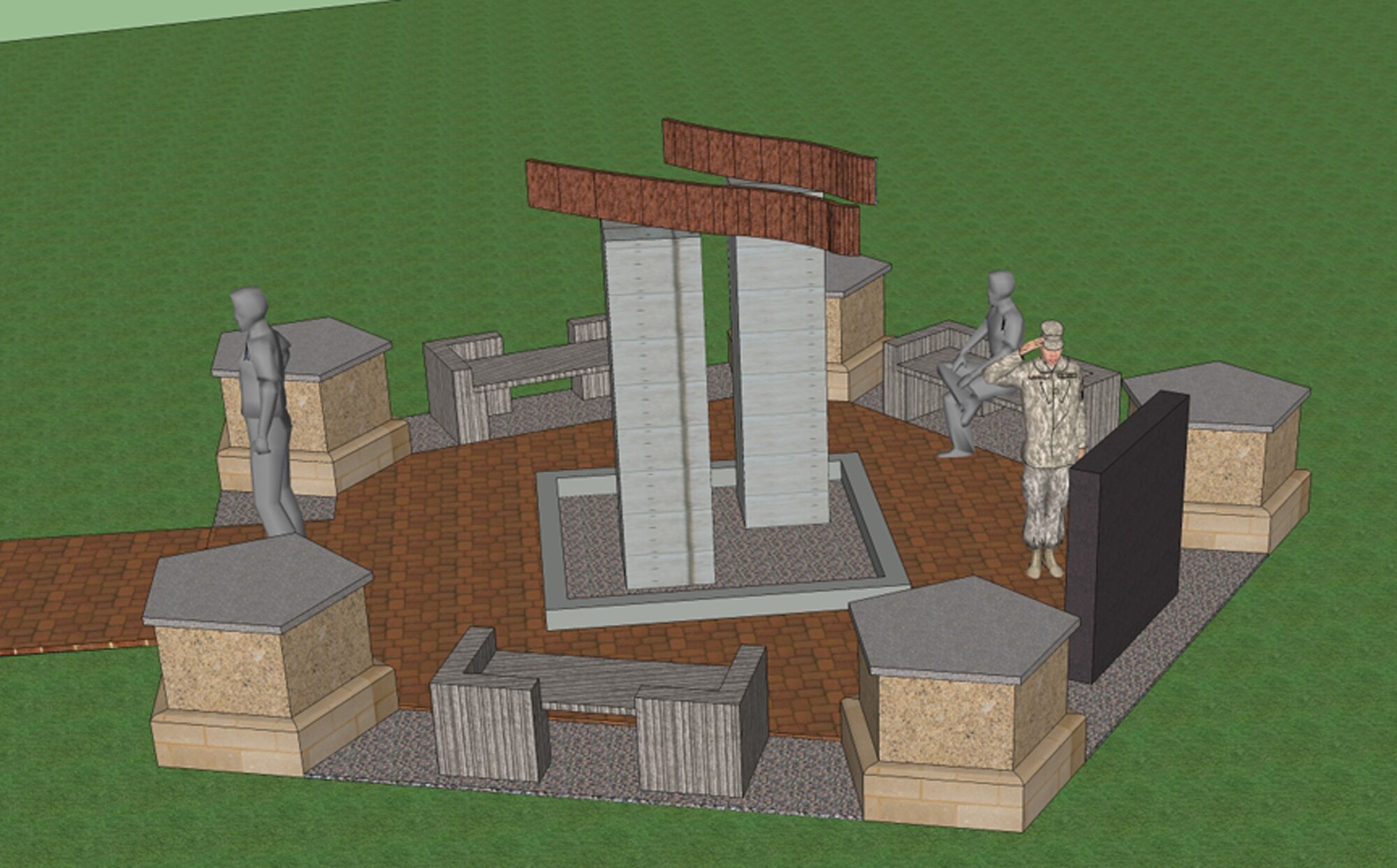 An artist rendition of the proposed Sept. 11 memorial to be built outside of the Dover Air Force Base, Del., fire station. The design was conceived by Senior Airman Joseph Wunische, 436th Civil Engineer Squadron firefighter. The steel for the monument was donated by the New York Port Authority and was once part of the World Trade Center. (U.S. Air Force Image/Courtesy)