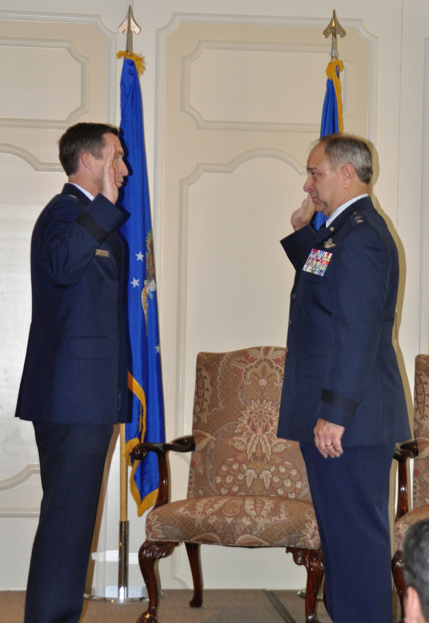 Maj. Gen. Roger Binder (right), assistant to the commander Air Combat Command, administers the oath of office to Brig. Gen. Ronald B. Miller, 301st Fighter Wing commander, at his promotion ceremony Jan. 15, 2011. General Miller was joined by family and friends to celebrate the momentous occasion. U.S. Air Force photo/SrA Melissa Harvey)