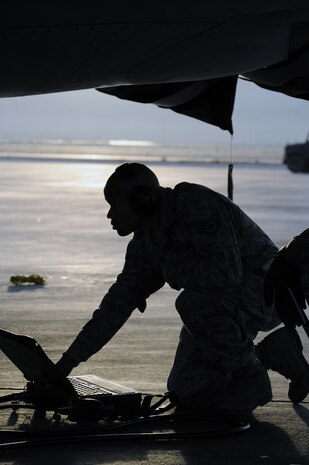 NELLIS AIR FORCE BASE, Nev. --  Staff Sgt. Avery Kirkwood, 57th Aircraft Maintenance Squadron aircraft armament systems journeyman, performs a diagnostics check on an F-22 Raptor during the weapons load competition on the Nellis flightline Jan. 14. Weapons load competitions are conducted quarterly to keep Airmen sharp and recognize superior performers. Weapons load teams are evaluated for use of the checklist, safety, and overall speed. (U.S. Air Force photo by Airman 1st Class George Goslin)