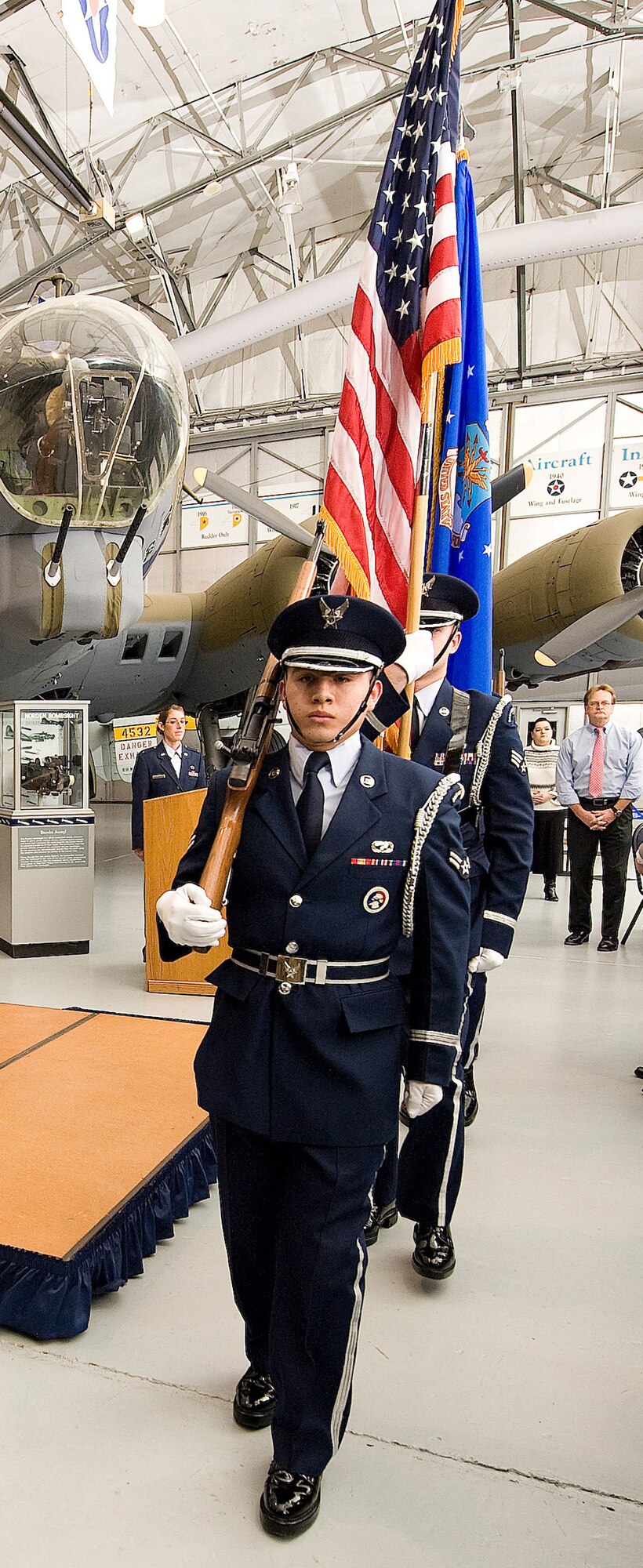 The base Honor Guard prepares to post the colors during the Dover Air Force Base, Del., 2011 Honorary Commanders Induction Ceremony Jan. 7, 2011. (U.S. Air Force photo/Jason Minto)