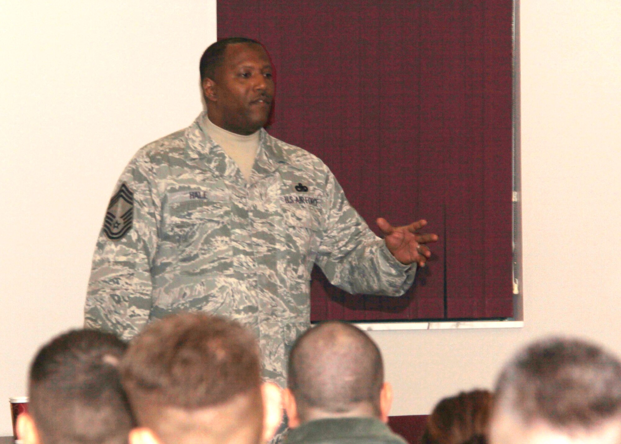 U. S. Air Force Air Mobility Command Air Transportation Functional Manager, Chief Master Sgt. Mike Hale, talks to members of the 32nd Aerial Port Squadron, during the Sunday of the January Unit Training Assembly.Chief Hale visited the squadron to show Air Mobility Command’s appreciation for the Reserve Port Dawgs and to specifically recognize 32 APS for their continual hard work.(U.S. Air Force photo/Senior Airman Jonathan Hehnly)