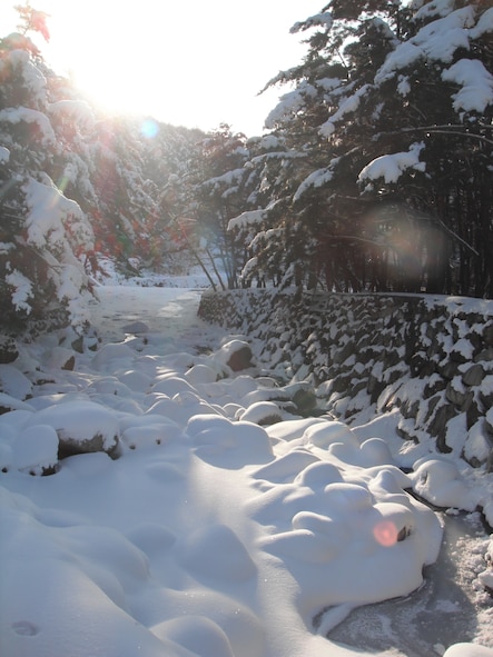 Snow-covered stream near Anseong Hiking Support Center, Deogyusan National Park, Republic of Korea. (U.S. Air Force photo/Staff Sgt. Eric Burks)