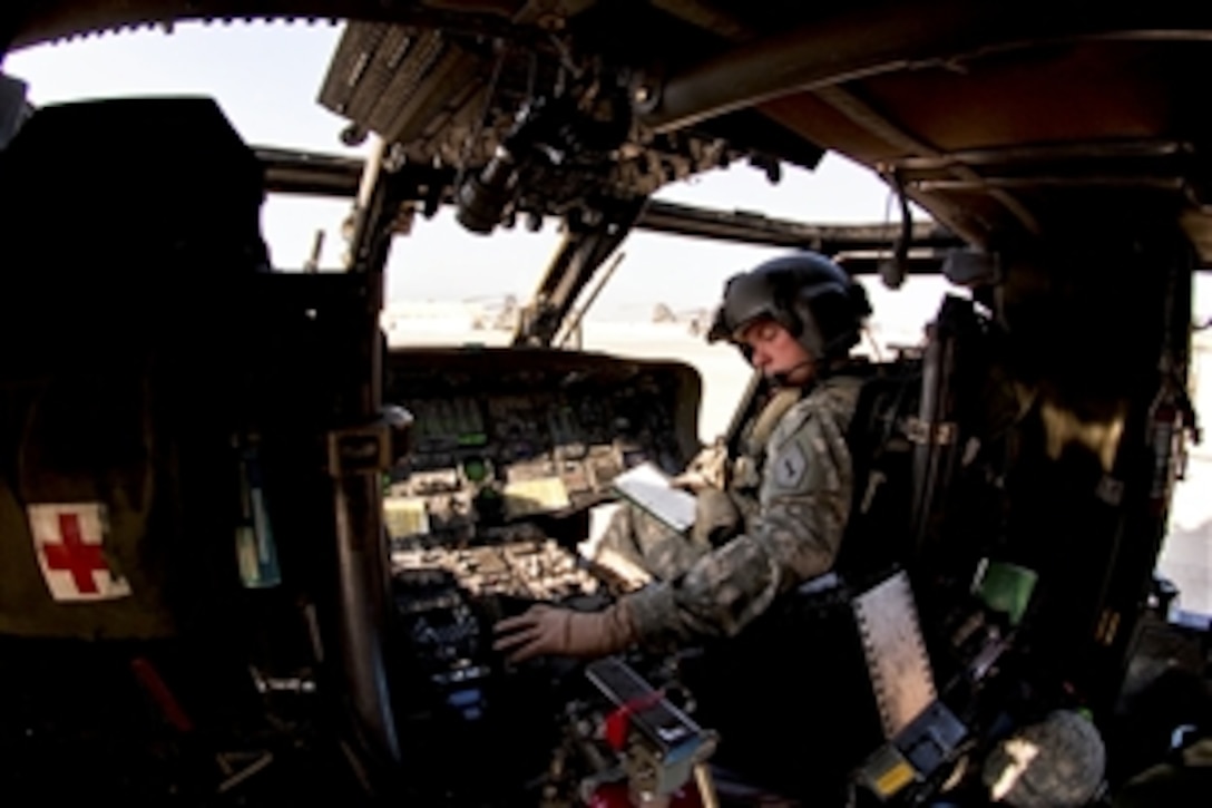 U.S. Army Chief Warrant Officer 3 Clifford Rakes shuts down his aircraft's systems following a mission near Baghdad, Jan. 12, 2011. Rakes is a Black Hawk pilot assigned to the 1st Infantry Division's Company A, 2nd General Support Aviation Battalion, 1st Aviation Regiment, Enhanced Combat Aviation Brigade. Rakes and other Black Hawk crews transport military and civilian VIPs between U.S. bases around Iraq. 