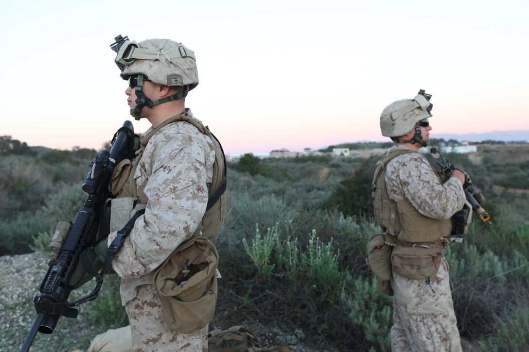 Lance Cpl. Adolfo Guerra, an assaultman with Charlie Company, 1st Battalion, 23rd Marine Regiment, and Cpl. Brandon Mundine, a rifleman also with Charlie Company, 1/23, stand post at an entry-control point during a training evolution, Jan. 19, at Camp Pendleton, Calif. Guerra is a Mexican-American from Texas. ::r::::n::::r::::n::::r::::n::