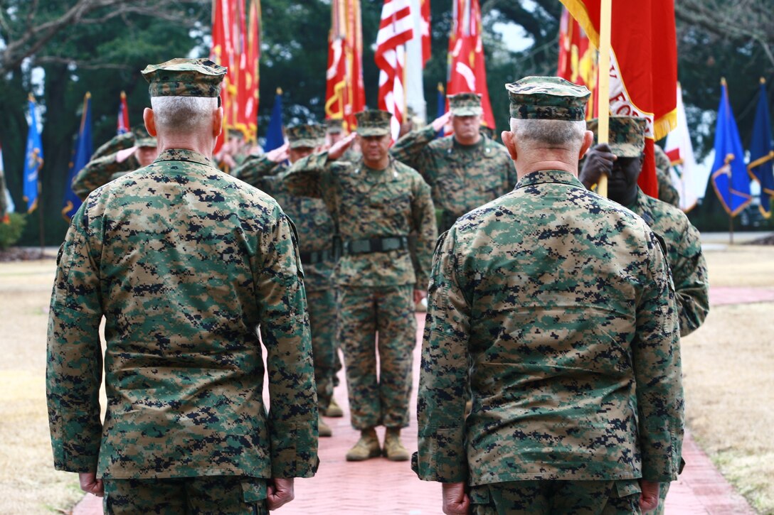 Marines and sailors of II Marine Expeditionary Force rendered honors to Lt. Gen. John M. Paxton, II MEF commanding general and Lt. Gen. Dennis J. Hejlik, commander of United States Marine Corps Forces Command, during an assumption of command ceremony aboard Marine Corps Base Camp Lejeune, N.C. The ceremony marked Paxton’s new position as commanding general of II MEF.