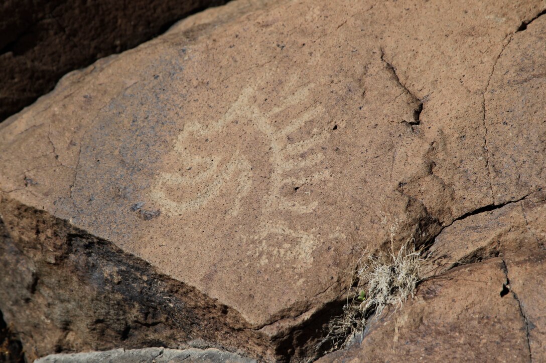 One of the 2,000 images depicted at the Foxtrot petroglyph site aboard the Combat Center. The images are estimated to be as old as 10,000 to 12,000 years.