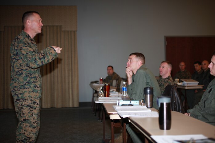Maj. Gen. Jon M. Davis, the commanding general of the 2nd Marine Aircraft Wing, speaks to approximately 25 of the current or future operations officers of squadrons within 2nd MAW on the third day of the 2nd MAW Operations Officer Course at Millers Landing Jan. 20. The information taught in the course is what operations officers need to know in order to prepare their squadrons not only for deployments but also for daily, weekly, monthly and annual requirements they have to meet.