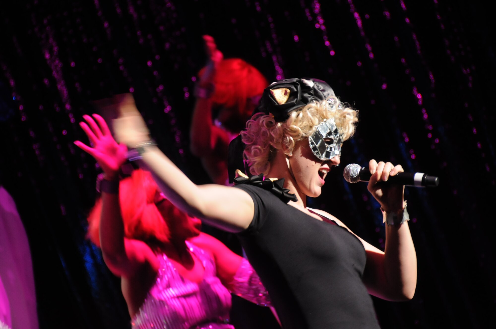 Airman 1st Class Jamie Horner, a Tops In Blue member, performs a Lady Gaga song at the Misawa Civic Center Jan. 18, 2011. The show featured a number of current hits, as well as older hits and classic songs. (U.S. Air Force photo by Staff Sgt. Rachel Martinez/Released)