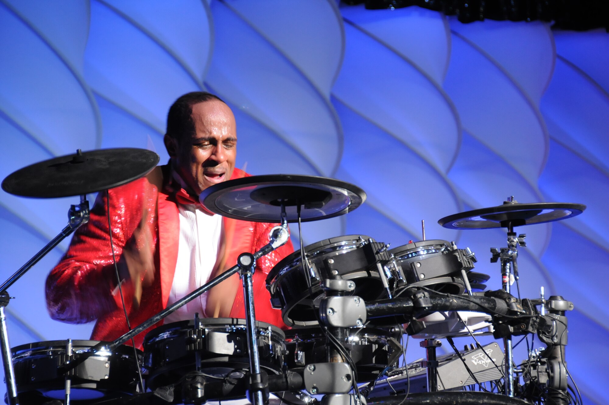 Senior Airman Breyson Robinson, a band member on the Tops In Blue 2010 World Tour, performs a drum solo at the Misawa Civic Center Jan. 18, 2011. The Tops In Blue team includes a 10-member band. (U.S. Air Force photo by Staff Sgt. Rachel Martinez/Released)