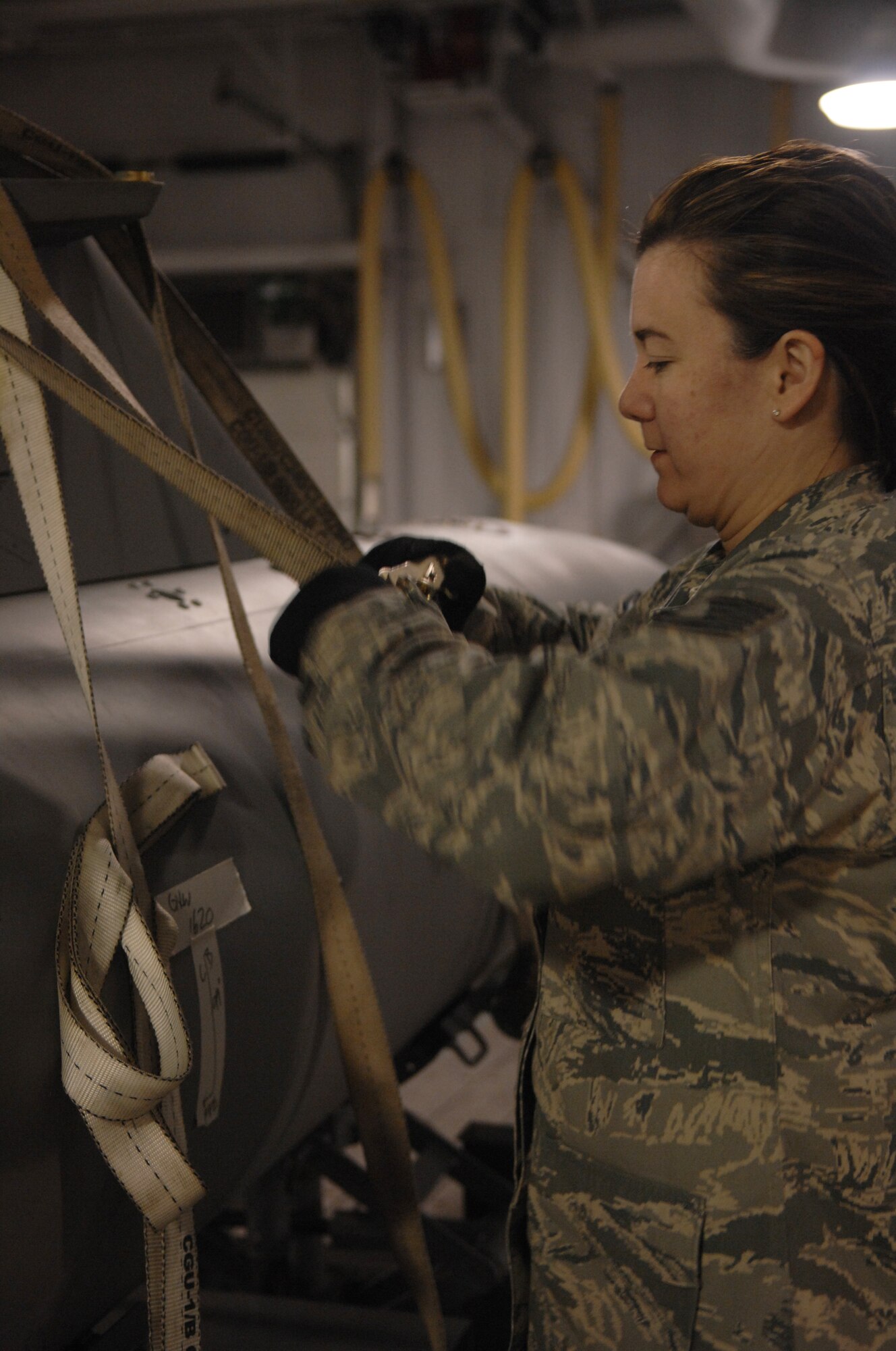 Tech. Sgt. Melita Roseboom secures cargo to a pallet for airlift Jan. 19, 2011, Eielson Air Force Base, AK. Currently, the 354th Logistics Readiness Squadron Air Terminal Operations section is preparing to send the 18th Aggressor Squadron on their annual road show to Anderson Air Base, Guam and Kadena Air Base, Japan. Sergeant Roseboom is the ATO NCO in charge. (U.S. Air Force photo/ Senior Airman Rachelle Coleman)