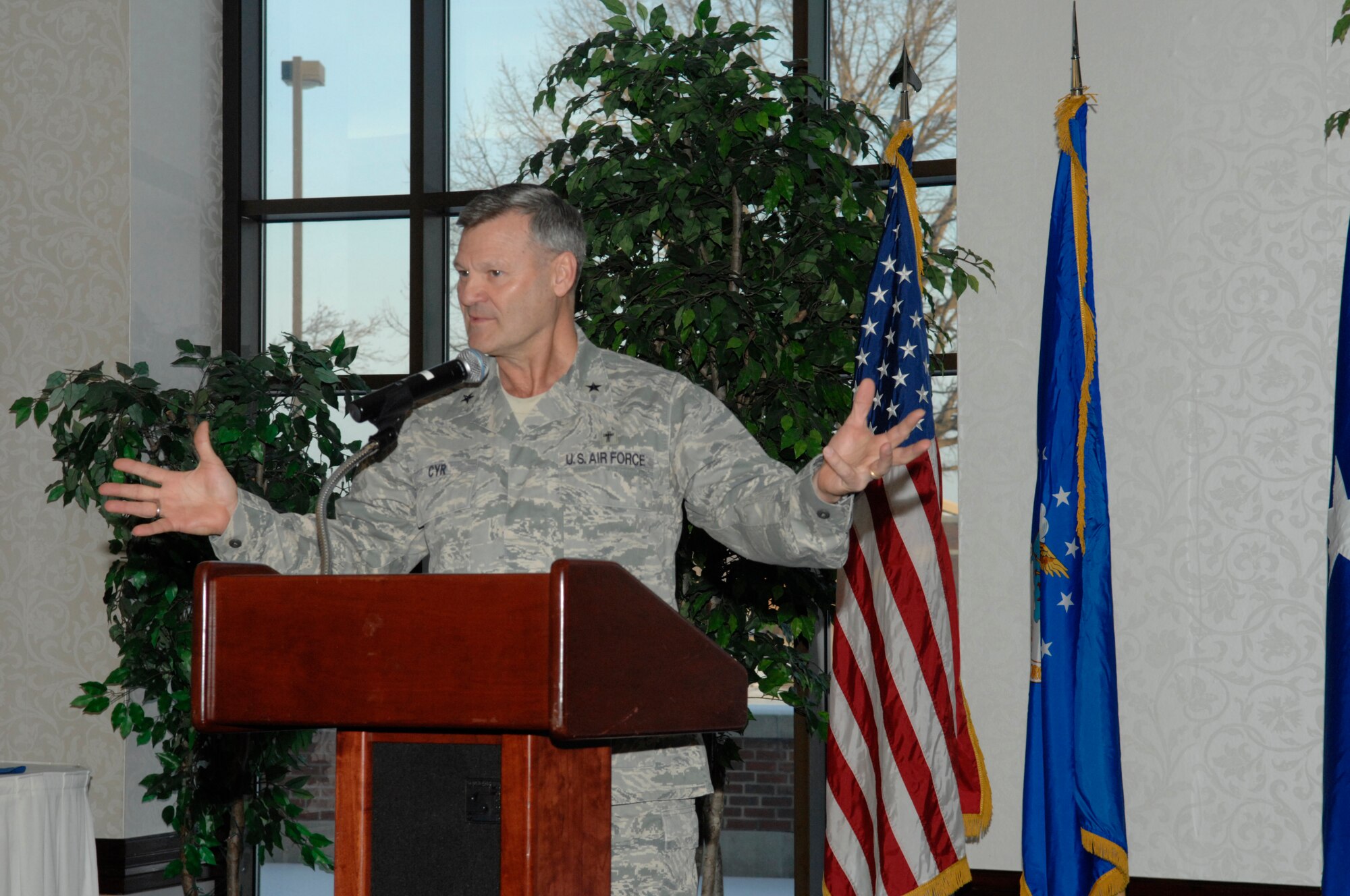 Brig. Gen. David Cyr, Deputy Chief of Chaplains, speaks about the phrase “so help me God,” Jan. 13 at the Scott Club. (U.S. Air Force photo/ Senior Airman Amber R. Kelly-Herard