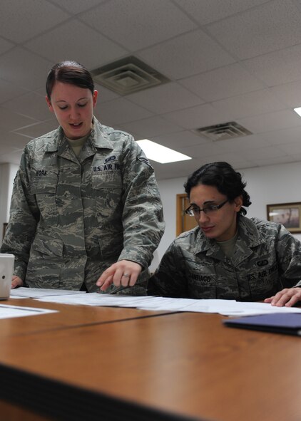 MINOT AIR FORCE BASE, N.D. -- Airman 1st Class Ashley Work, 5th Comptroller Squadron budget analyst, instructs Airman 1st Class Saiomy Santiago, 5th CPTS financial analysis technician on assignments needed for completion Jan. 19. As Airman Santiago’s trainer and sponsor, Airman Work made a great effort to ensure her apprentice received the best training possible. Airman Santiago noted staying in touch with her sponsor from early on really helped her know what to expect when she arrived here. (U.S. Air Force photo/Airman 1st Class Aaron-Forrest Wainwright) 