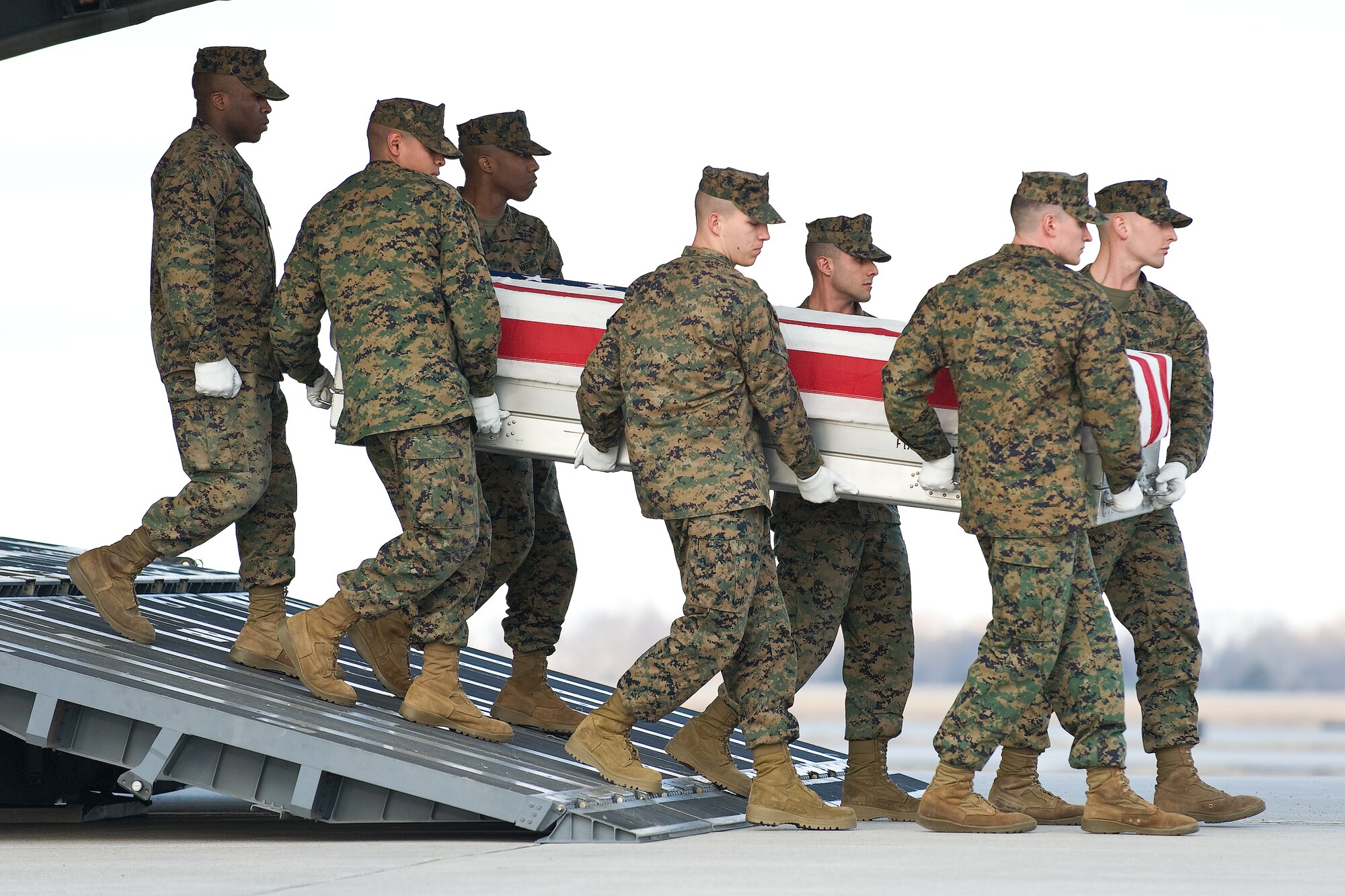 A U.S. Marine Corps carry team transfers the remains of Marine Cpl. Joseph C. Whitehead, of Axis, Ala., at Dover Air Force Base, Del., Jan. 19, 2011. Tate was assigned to the 2nd Combat Engineer Battalion, 2nd Marine Division, II Marine Expeditionary Force, Camp Lejeune, N.C.  (U.S. Air Force photo/Roland Balik)