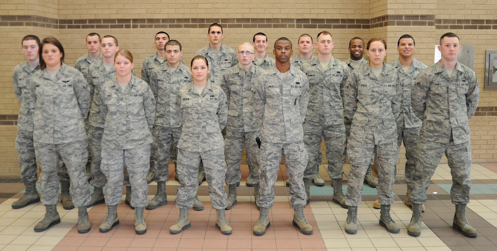 Congratulations to Team McConnell’s newest First Term Airman’s Center graduates who graduated January 21, 2011 at McConnell Air Force Base, Kan. Front row: Airmen 1st Class Ashley Roames, Melanie Grier, Teah Holden, Kenneth Childs, Karina Passi and Jeremy Janes. Second Row: Airmen 1st Class Justin Schultz, Joseph Giandalia, Airman Basic Oscar Espinoza, Airman Steven Carley, Airman 1st Class Jesse Hamblin and Christian Brathwaite. Back Row: Airman Daniel Craven, Airman 1st Class Brian Gonzalez, Joseph Gordon, Garret Johnson, Clayton Jarrard and Ethan Harris. (U.S. Air Force photo/Senior Airman Maria Ruiz)