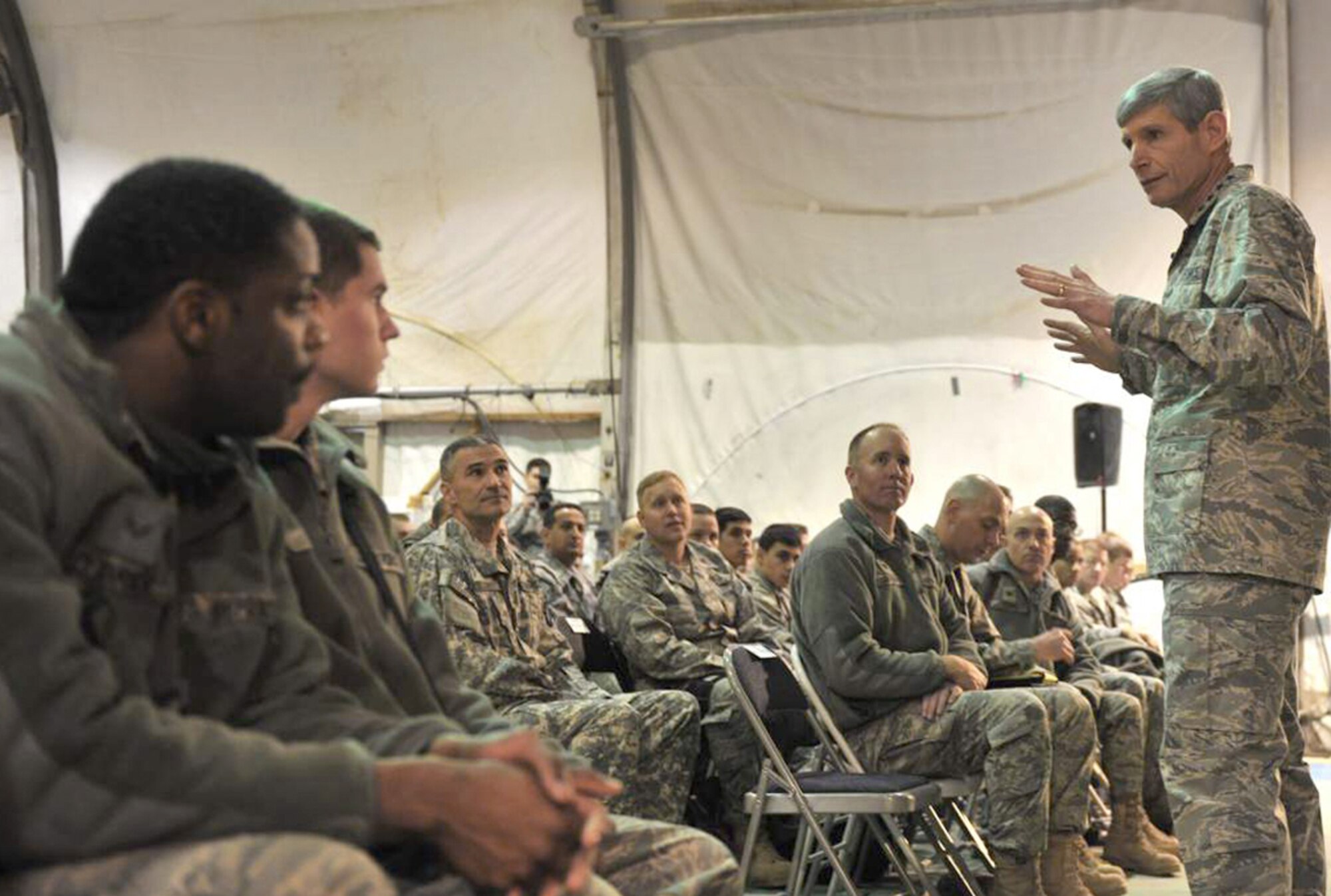 Air Force Chief of Staff Gen. Norton Schwartz speaks to Airmen during an "all call" Jan. 19, 2011, at Bagram Airfield, Afghanistan. General Schwartz talked about his vision for the Air Force and answered questions from Airmen. (U.S. Air Force photo)
