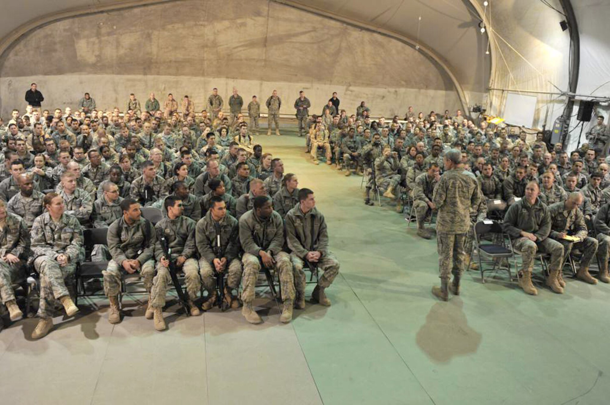 Air Force Chief of Staff Gen. Norton Schwartz speaks to Airmen during an "all call" Jan. 19, 2011, at Bagram Airfield, Afghanistan. General Schwartz talked about his vision for the Air Force and answered questions from Airmen. (U.S. Air Force photo)