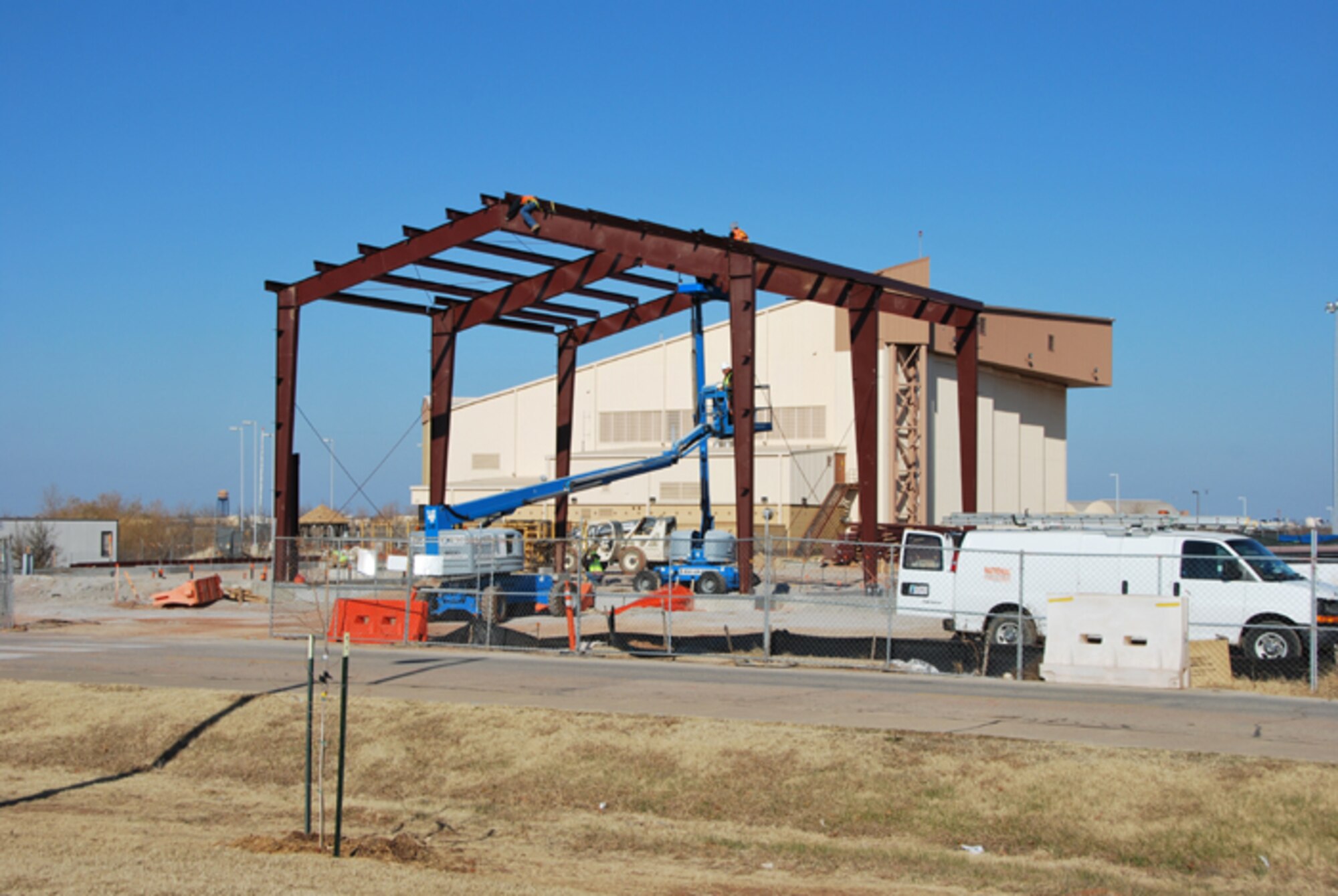 With the ground work finished, the newest aircraft hangar for the 507th Air Refueling Wing is starting to show above ground progress. The $10 million KC-135 Maintenance Hangar project came after the 2005 Base Reallignment and Closure process which resulted in the wing receiving additional aircraft and directed the Oklahoma Air National Guard's 137th Air Refueling Wing to association with 507th. The new 26,000 square foot facility includes additional parking and is expected to be completed by October of 2011.