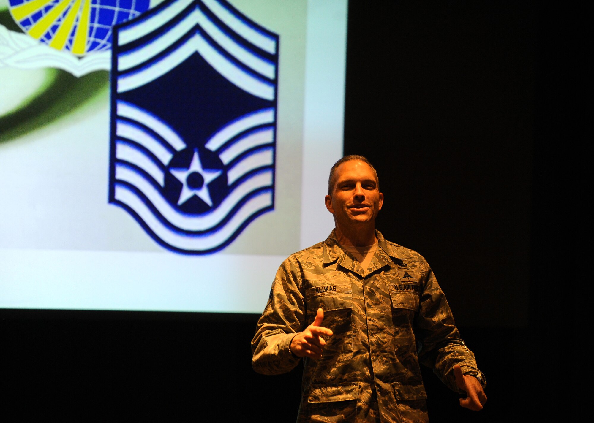 OFFUTT AIR FORCE BASE, Neb. - Chief Master Sgt. Martin S. Klukas, Command Chief for Air Combat Command, gives his closing remarks to more than 100 of the command's newest chiefs at the Dougherty Conerence Center here Jan. 11 as part of the ACC Chief Master Sergeant 2011 Orientation.
U.S. Air Force Photo by Josh Plueger (Cleared)