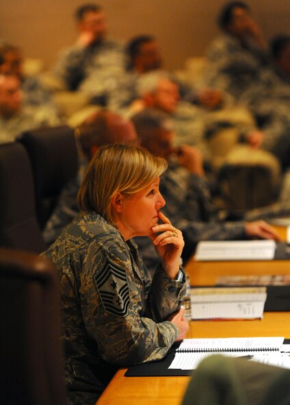OFFUTT AIR FORCE BASE, Neb. - Chief Master Sergeant Suzan K. Sangster, 55th Wing Command Chief, attends a briefing at the Air Combat Command Chief Master Sergeant 2011 Orientation held at the Dougherty Conference Center here Jan. 11.  More than 100 chiefs and chief selects traveled to Offutt to attend the annual forum. U.S. Air Force Photo by Josh Plueger (Cleared)