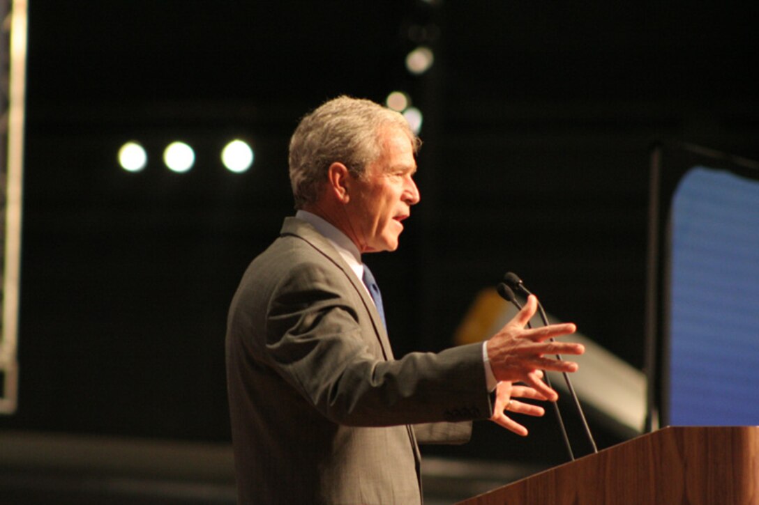 Former President George W. Bush speaks at the National Museum of the United States Air Force.  (U.S. Air Force photo/Staff Sgt. Daniel Bentley)