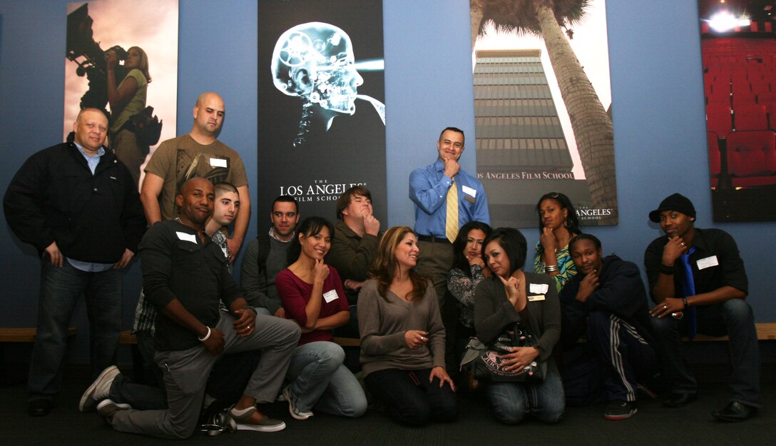 Tour participants strike a serious pose at The Los Angeles Film School in Hollywood, Jan. 19. Service members explored their options with an education in the entertainment industry at the school.