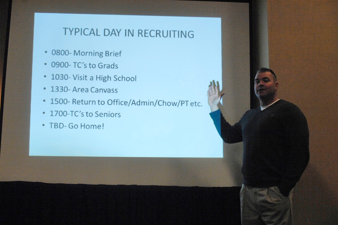 Master Sgt. Charles P. Harper, contact team chief of the 8th Marine Corps District, leads a class on the daily activities of recruiters for spouses from around the district during the District Spouse Orientation Class, Jan. 19 – 21 at the Sheraton Hotel downtown. The spouses attended classes ranging from the systematic recruiting process to financial management in an effort to gain a better understanding of their Marine’s career.