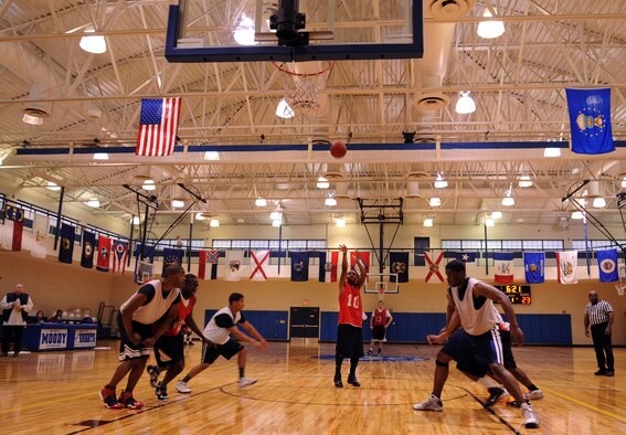 MOODY AIR FORCE BASE, Ga. -- Derrick Finch-Mackie attempts a free throw during an intramural basketball game Jan. 19. This was the first game of the season for both the 822nd Base Defense Squadron and the 23rd Component Maintenance Squadron. (U.S. Air Force photo/Airman 1st Class Douglas Ellis)(RELEASED)
